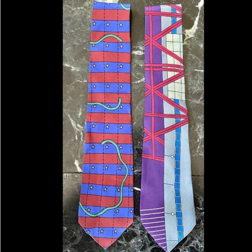 2 VINTAGE 1990s ARQ ARQUITECTONICA PRODUCTS SILK TIES STRIPES SNAKES BUILDINGS